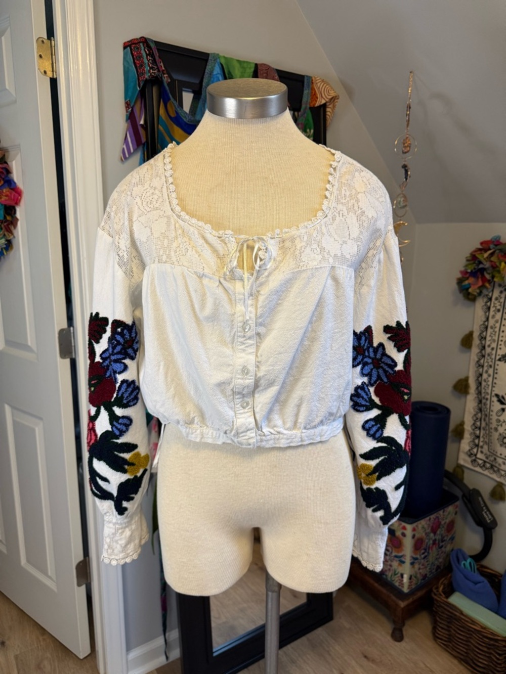 Free People White Peasant Blouse with Multicolor Floral Sleeve Embroidery